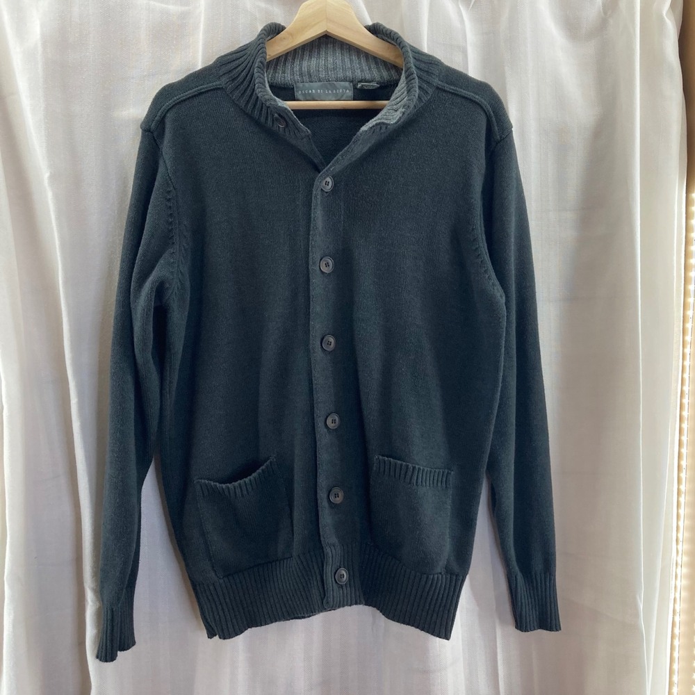 Oscar de la Renta Men's Gray Collar Cardigan Sweater L Old Money Grampa Preppy